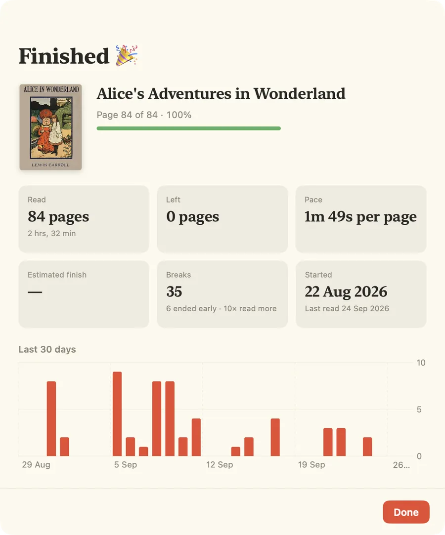 A Finished card for Alice's Adventures in Wonderland: 84 pages, 35 breaks, 1 minute 49 seconds per page