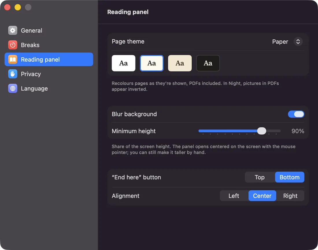 Bookidoro reading panel settings: page theme, blur background, minimum height and the position of the End here button